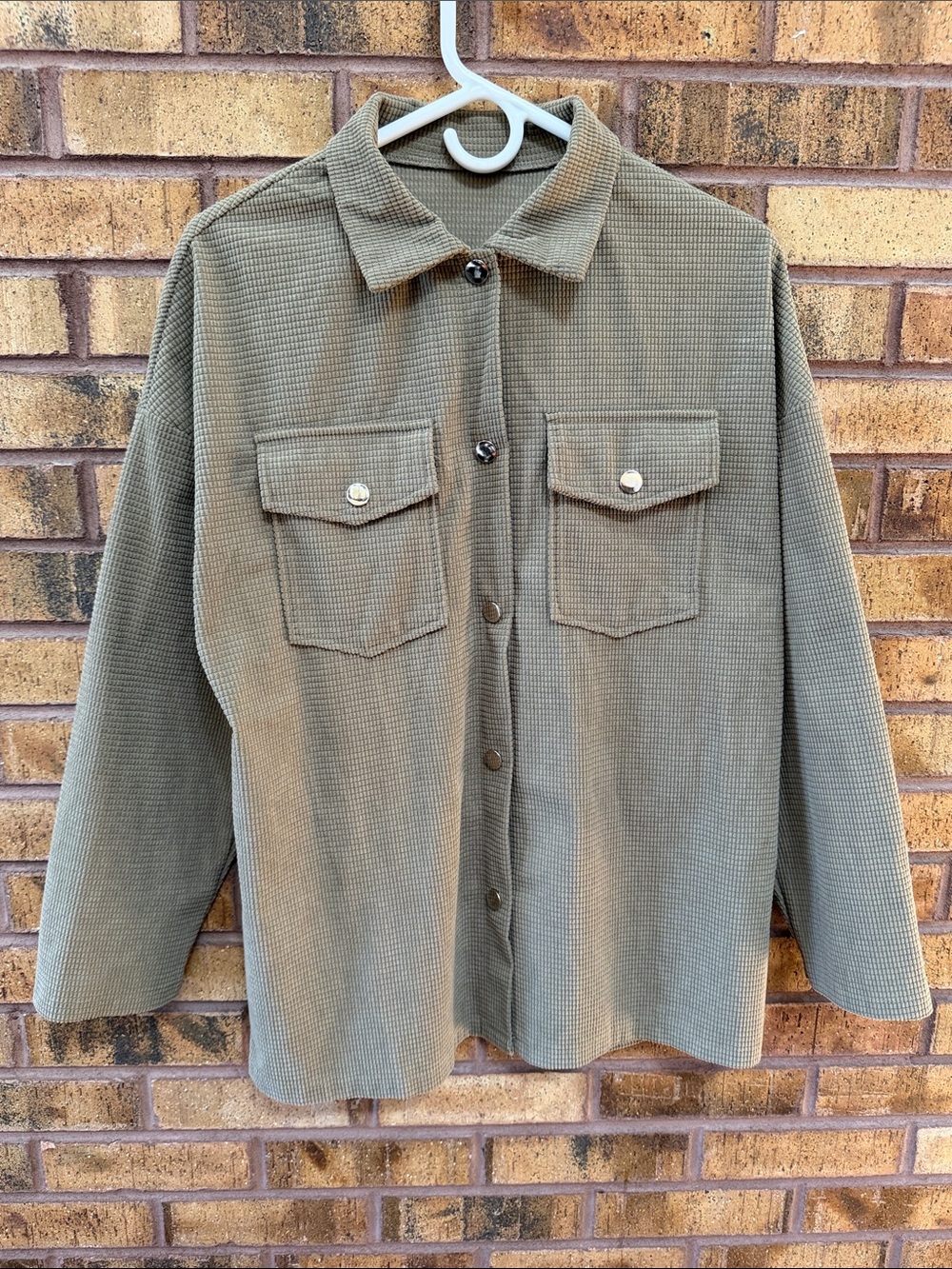 Button-Up Olive Green Waffle Shirt Jacket for Women